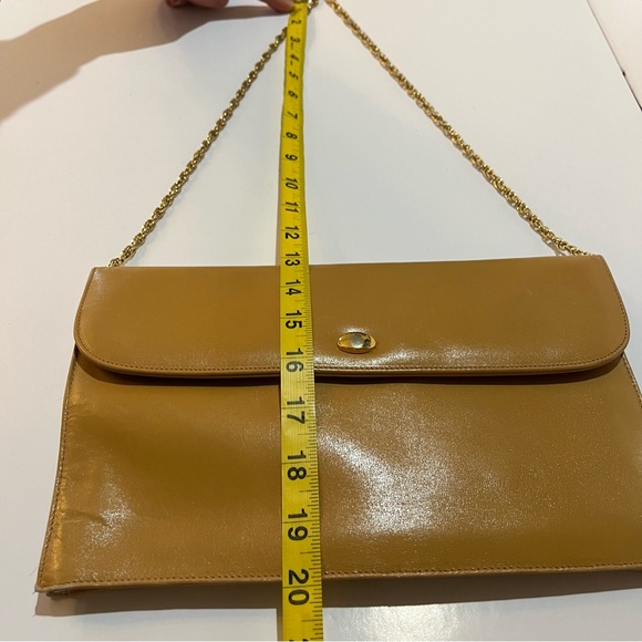Vintage Italian Leather Double Flap Clutch Bag Caramel Brown Gold Chain 90s Luxe - Picture 10 of 12